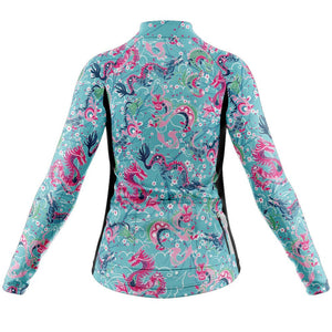 Womens Dragon Blue Long Sleeve Cycling Jersey - Fat Lad At The Back